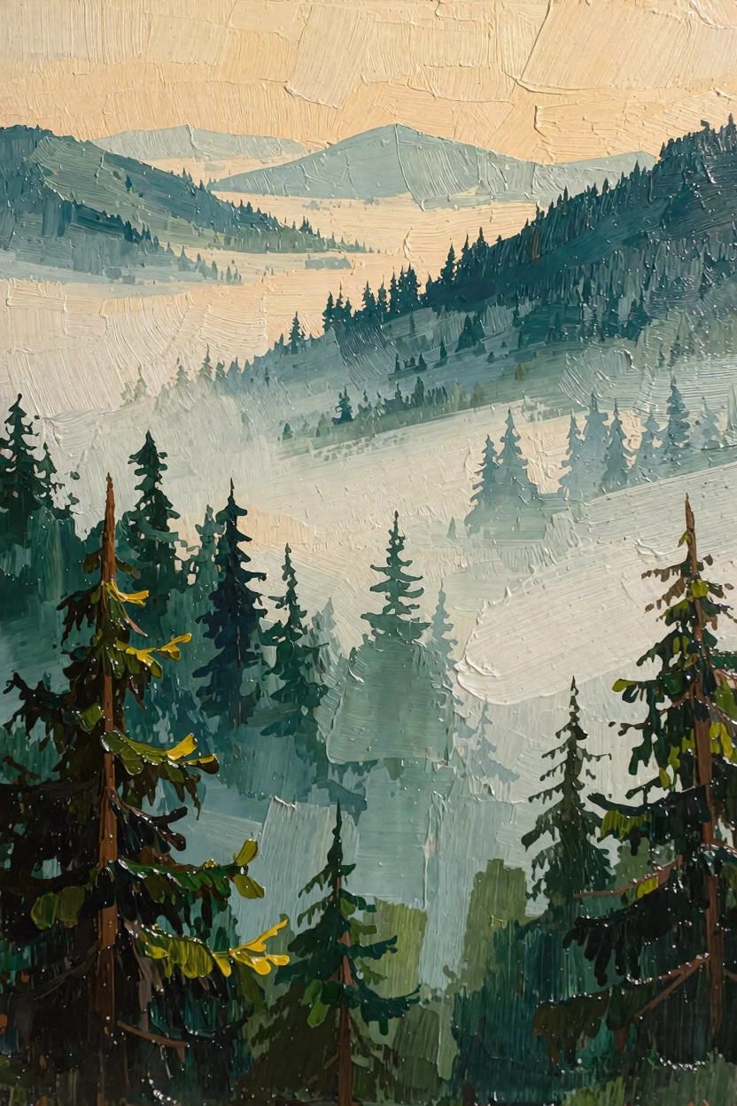 Oil painting of dense pine trees in the foreground framing a foggy valley with a lake, distant green mountains, and a warm orange-peach sky.