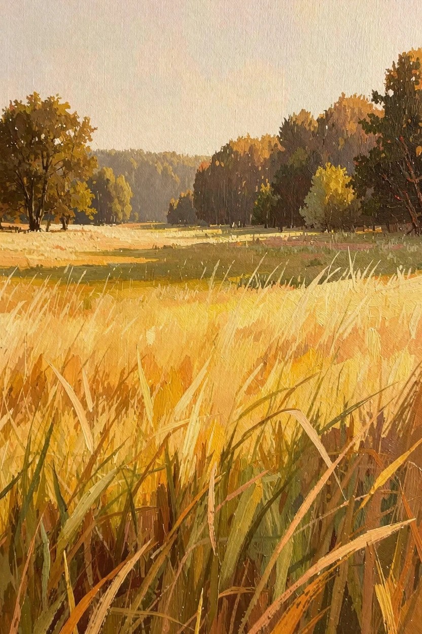 Oil painting of golden wheat field in foreground leading to green meadow and autumn trees in warm sunset light.