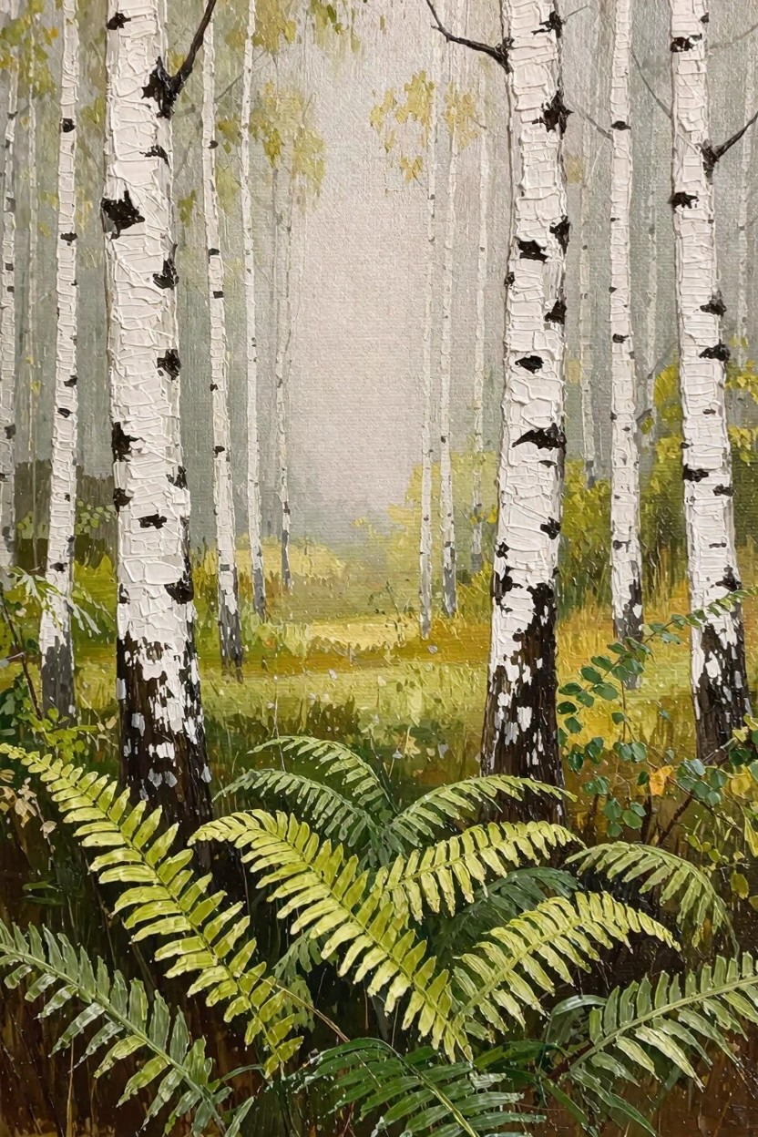 Oil painting of a misty birch forest with white textured trunks, a central path, green ferns in the foreground, and hazy yellow-green background.