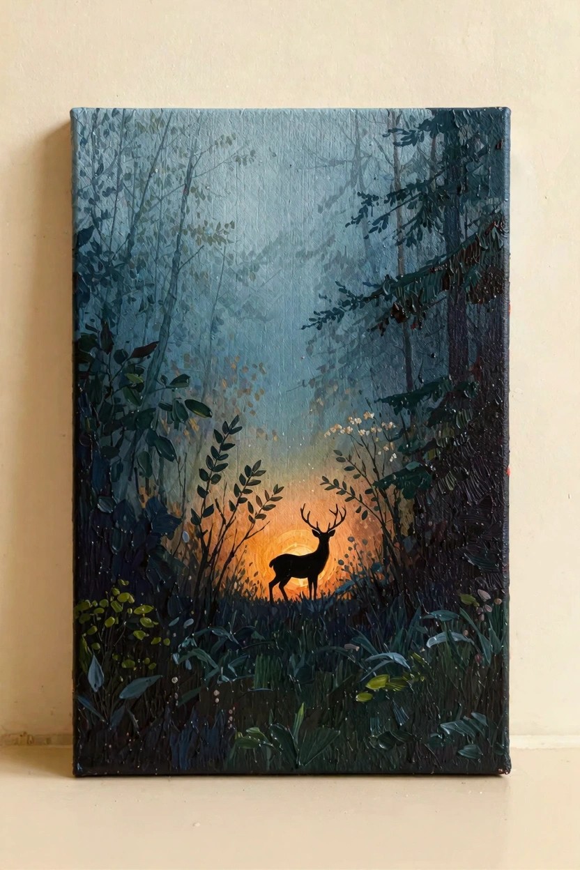 Oil painting on canvas showing a black silhouetted deer in foreground foliage with orange sunset glow behind it amid misty blue trees and greenery.