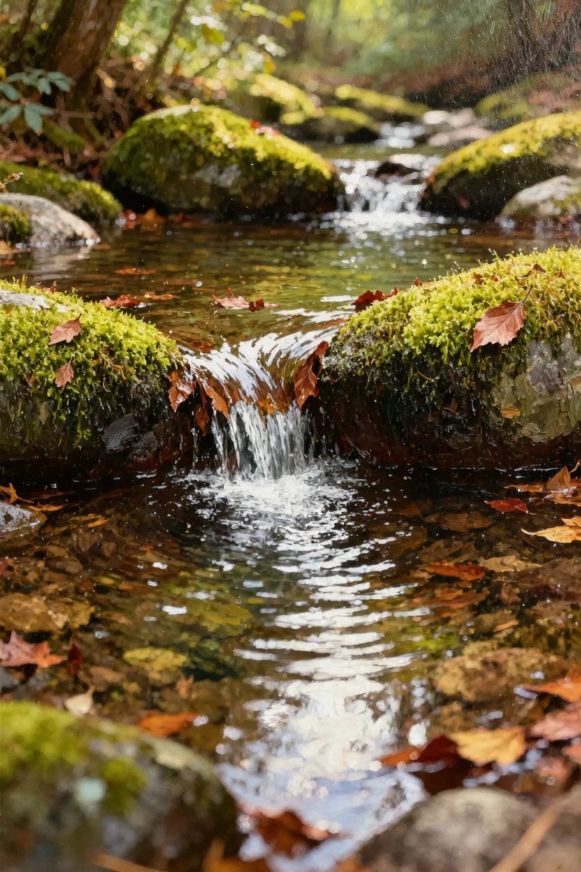 Forest stream flows over mossy rocks with autumn leaves in a green woodland setting.