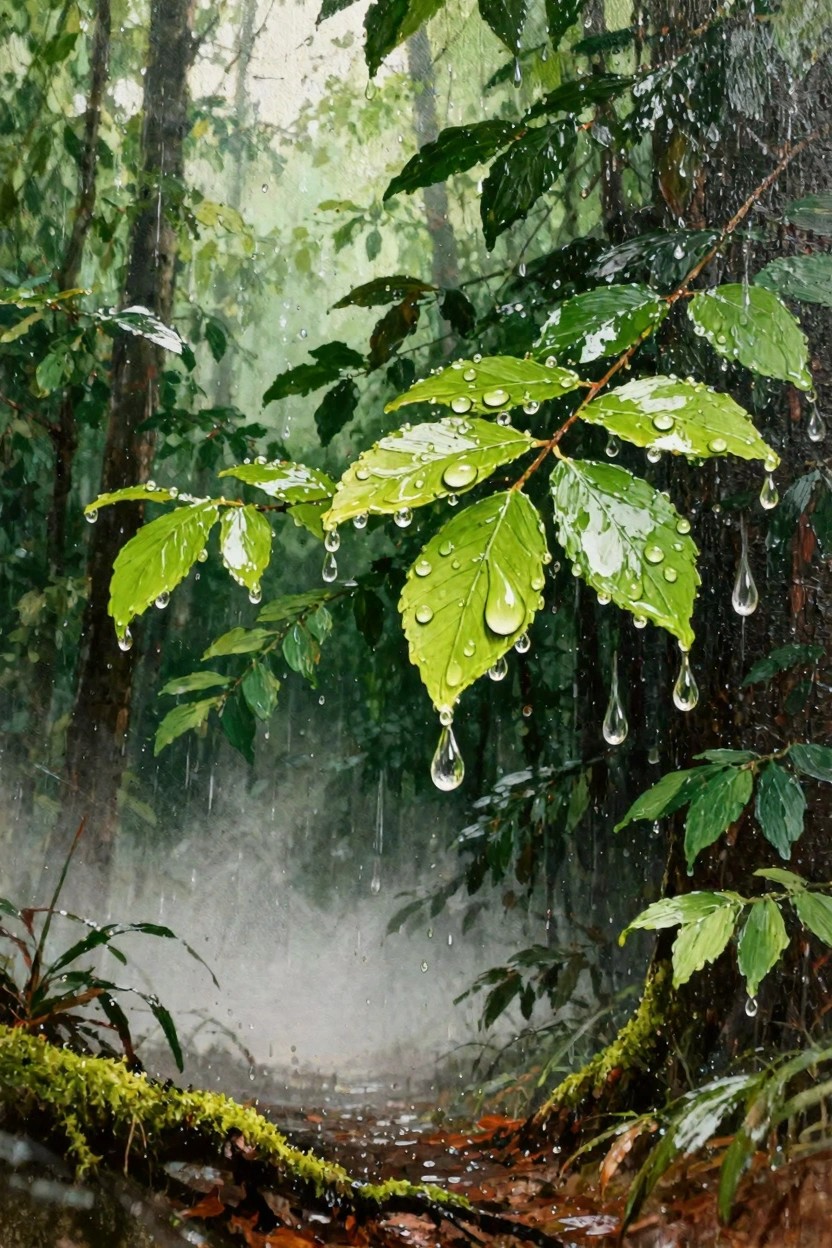 Oil painting of rain droplets on green leaves overhanging a misty forest path with mossy ground.