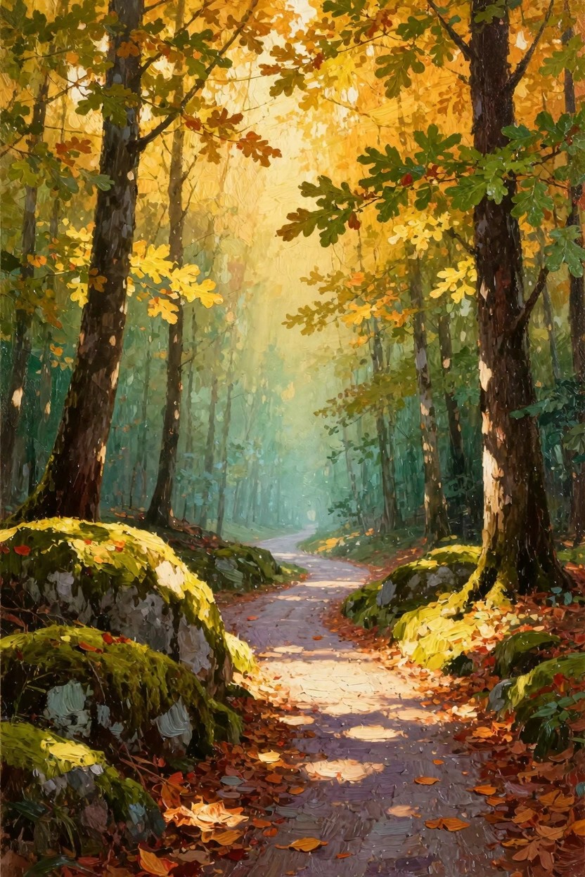 Oil painting of a leaf-covered path winding through an autumn forest with sunlight filtering through yellow and orange oak trees and mossy rocks.