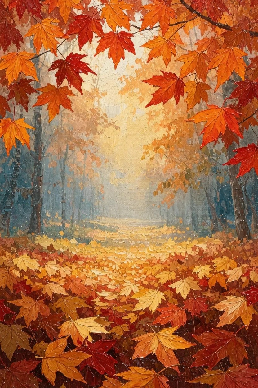 Oil painting of a sunlit autumn forest path arched by orange maple branches over fallen leaves with dark trees in the background.