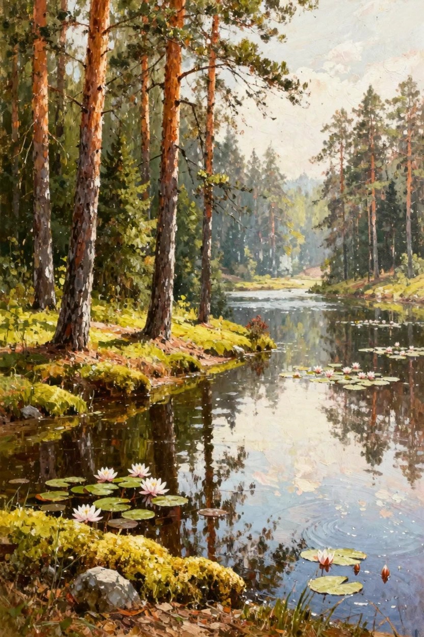 Oil painting of pine trees around a sunlit pond with white water lilies, mossy banks, and water reflections.