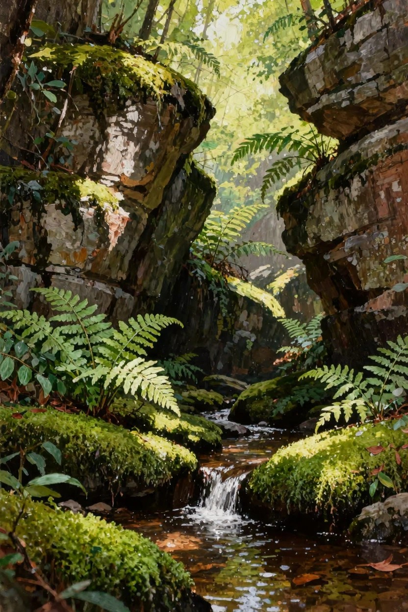 Oil painting of moss-covered rock cliffs framing a small stream in a lush fern-filled forest ravine with sunlight filtering through trees.