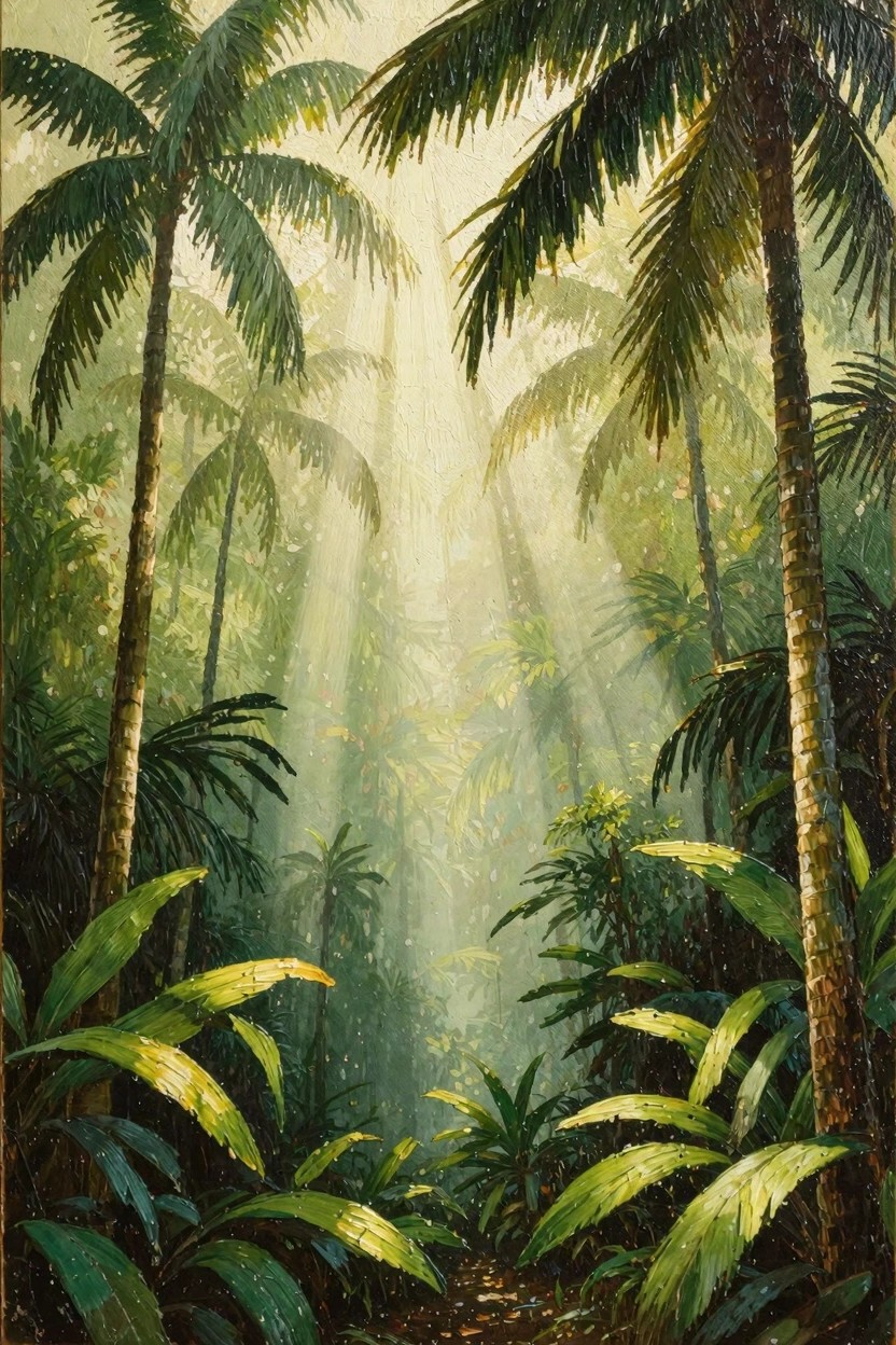 Oil painting of sunbeams filtering through tall palm trees and dense green foliage along a forest path.
