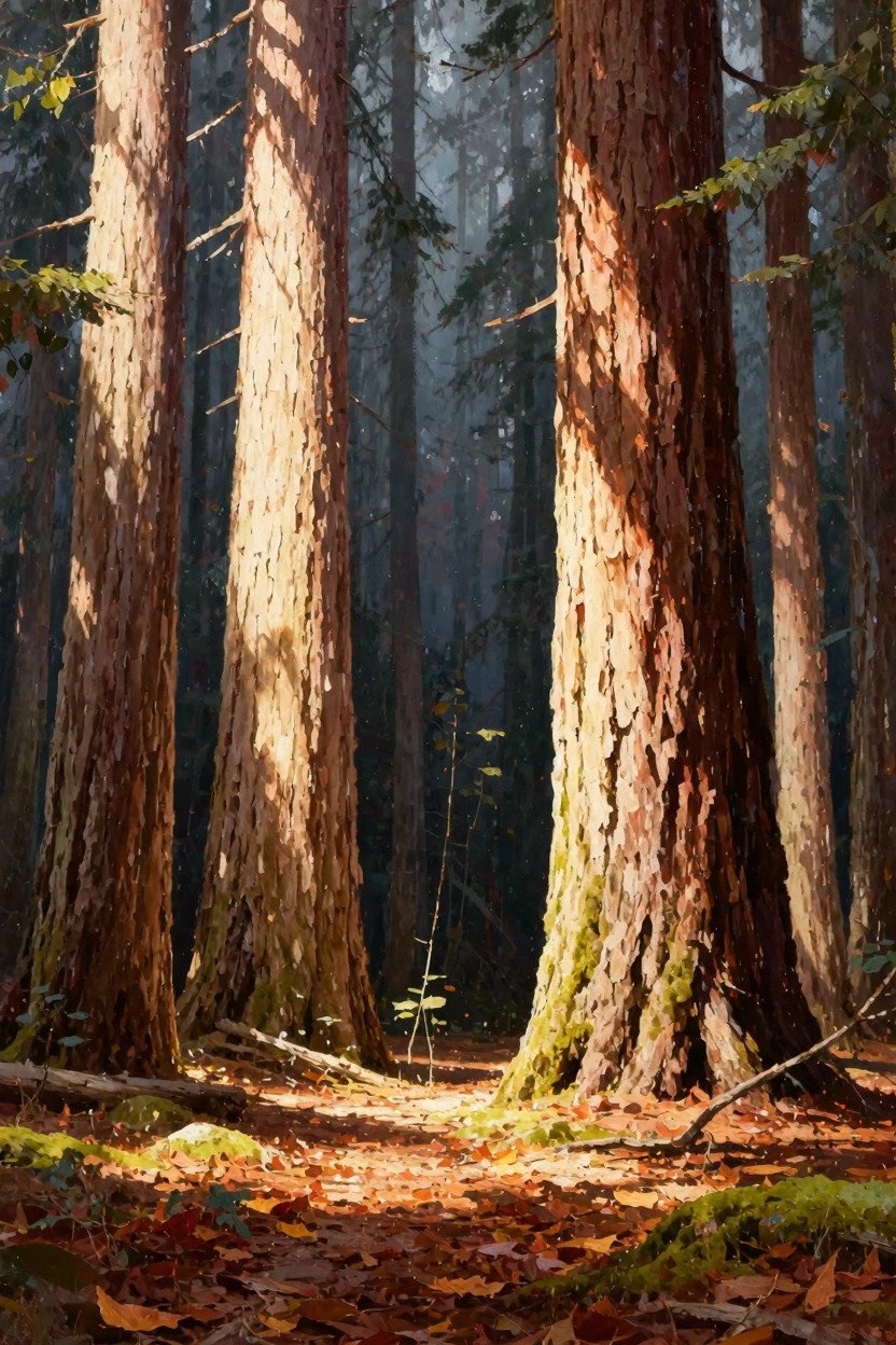 Oil painting of tall redwood trees in a forest with sunlight filtering through the canopy onto mossy trunks and a leaf-strewn path.