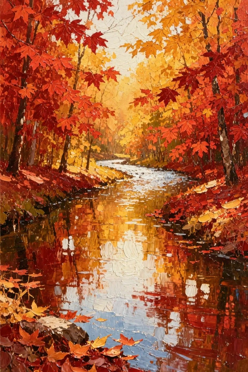 Oil painting of a winding forest stream surrounded by autumn maple trees in red, orange, and yellow foliage with colorful reflections in the water.