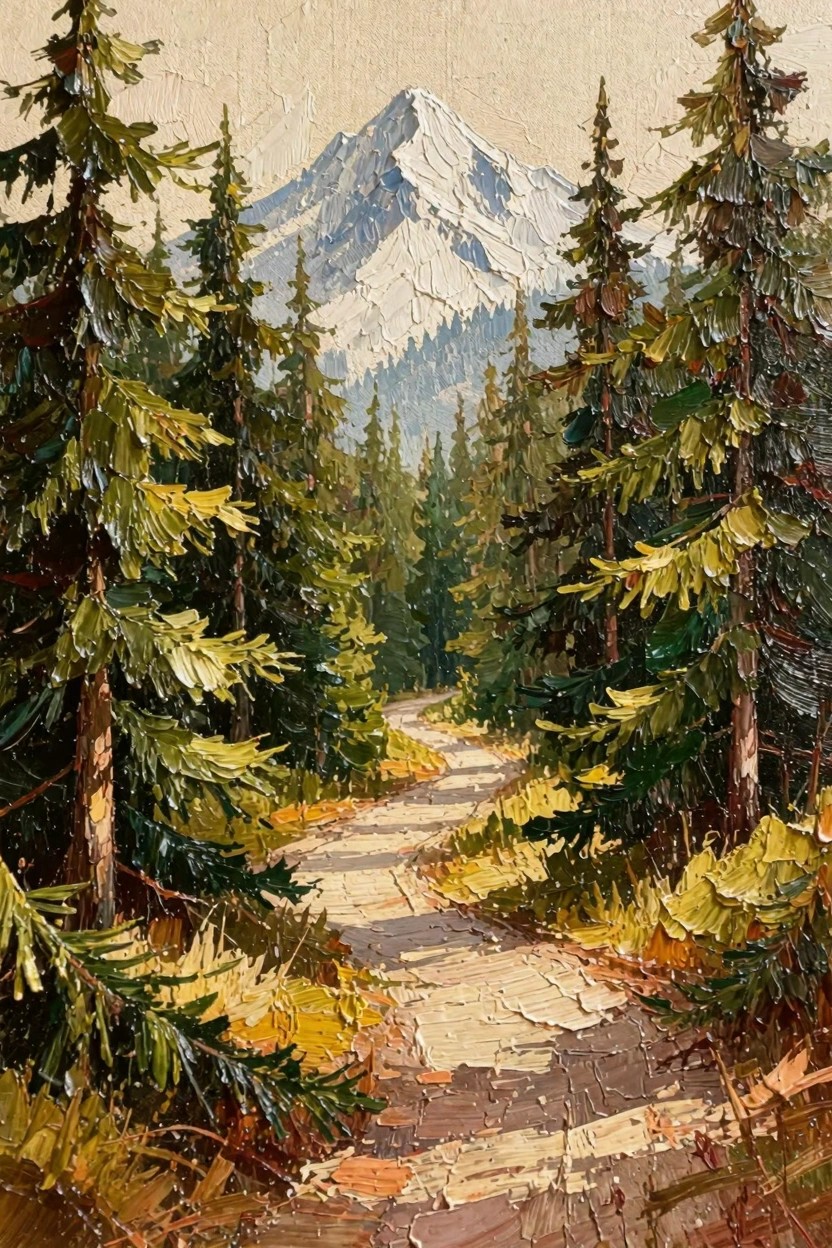 Oil painting depicts a curved dirt path winding through dense evergreen trees toward a prominent snow-capped mountain peak.