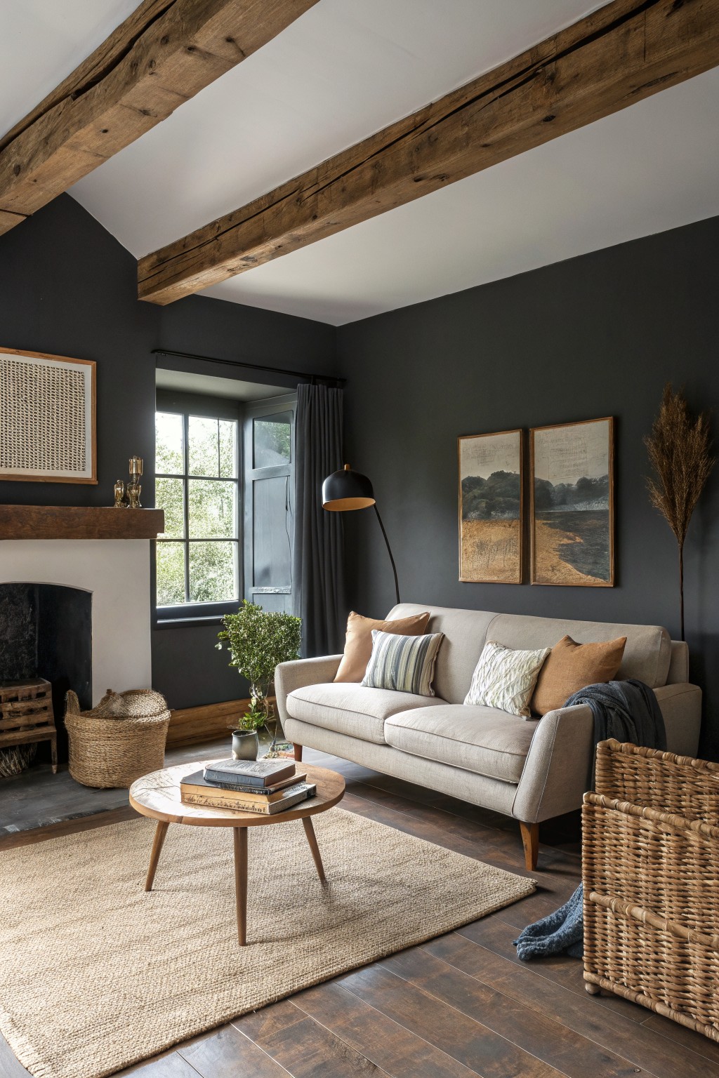 Rustic living room featuring deep charcoal gray paneled walls, exposed wood beams, beige sofa, wood coffee table, stone fireplace, and large window