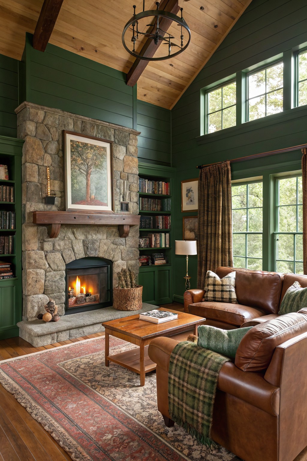 Rustic living room featuring deep green walls, a stone fireplace with fire lit, built-in bookshelves, leather sofas with plaid pillows, wood beams, and large windows