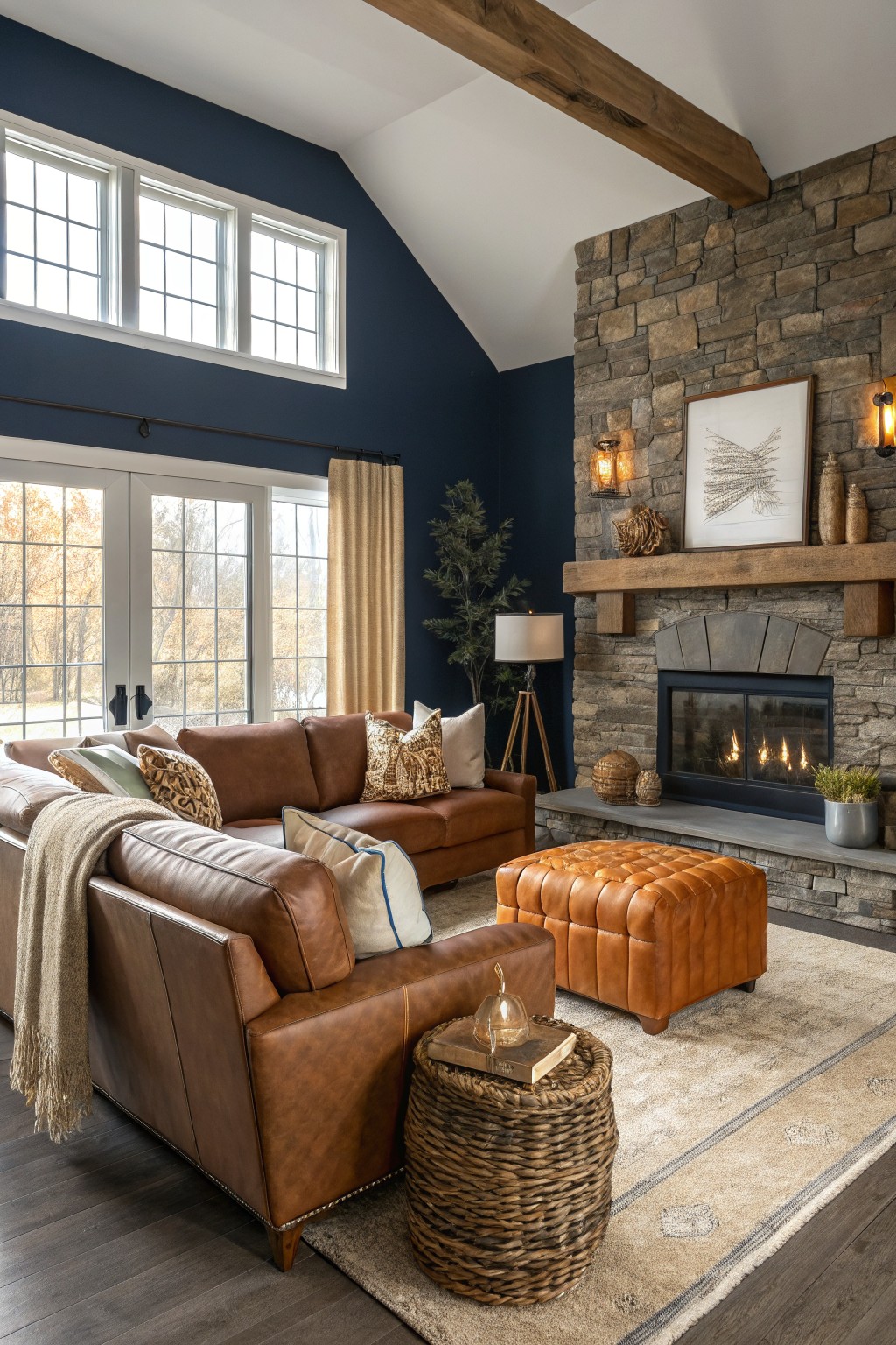 Rustic living room with deep navy blue walls, leather sectional sofa, stone fireplace, and wood beams for a cozy feel