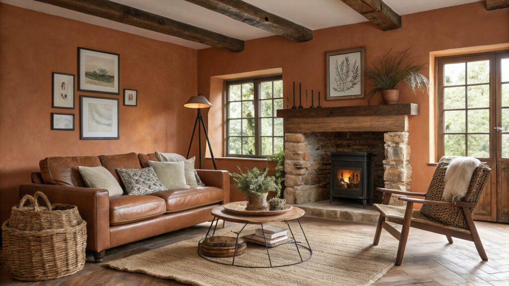 Rustic living room with warm terracotta walls, exposed wood beams, tan leather sofa, and brick fireplace for natural coziness
