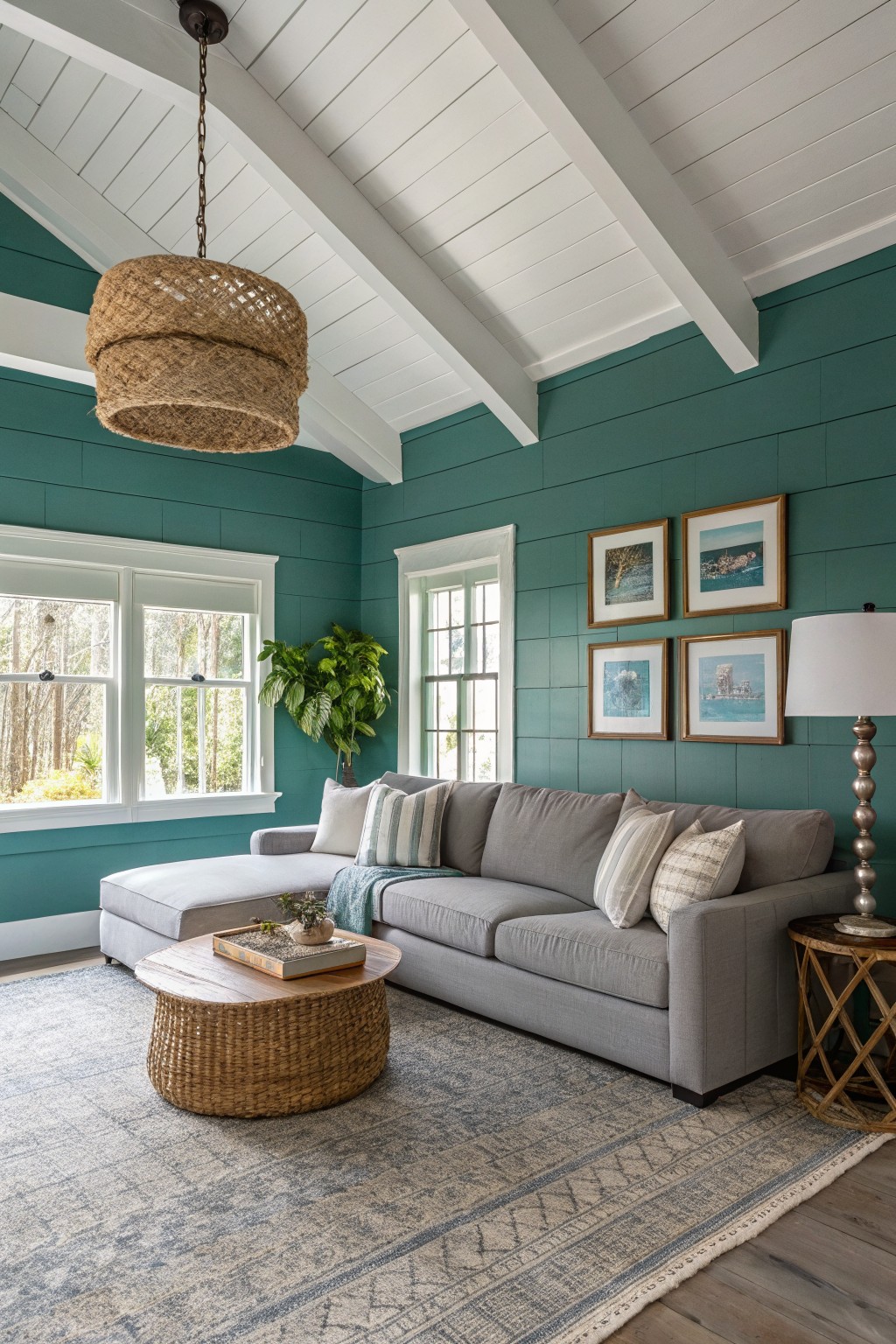 Rustic living room featuring soft teal shiplap walls, gray L-shaped sofa, rattan coffee table, woven pendant light, and large windows with trees outside