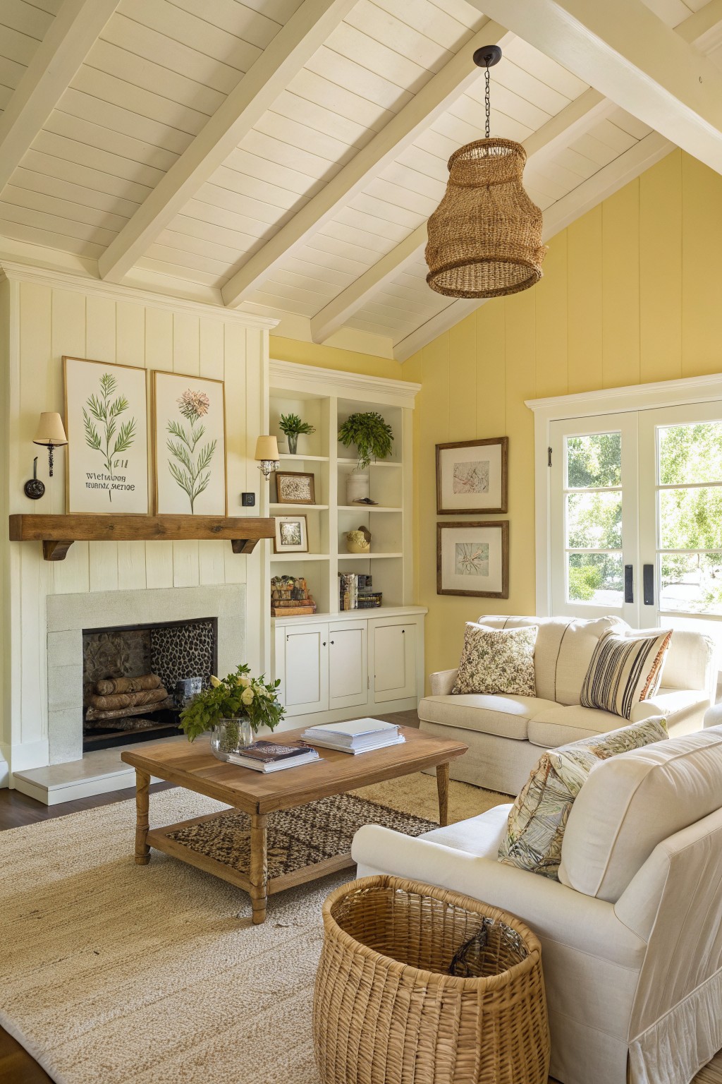 Rustic living room with pale butter yellow walls, white beamed ceiling, built-in bookshelves, cozy linen sofa, wooden coffee table, and stone fireplace with fresh flowers