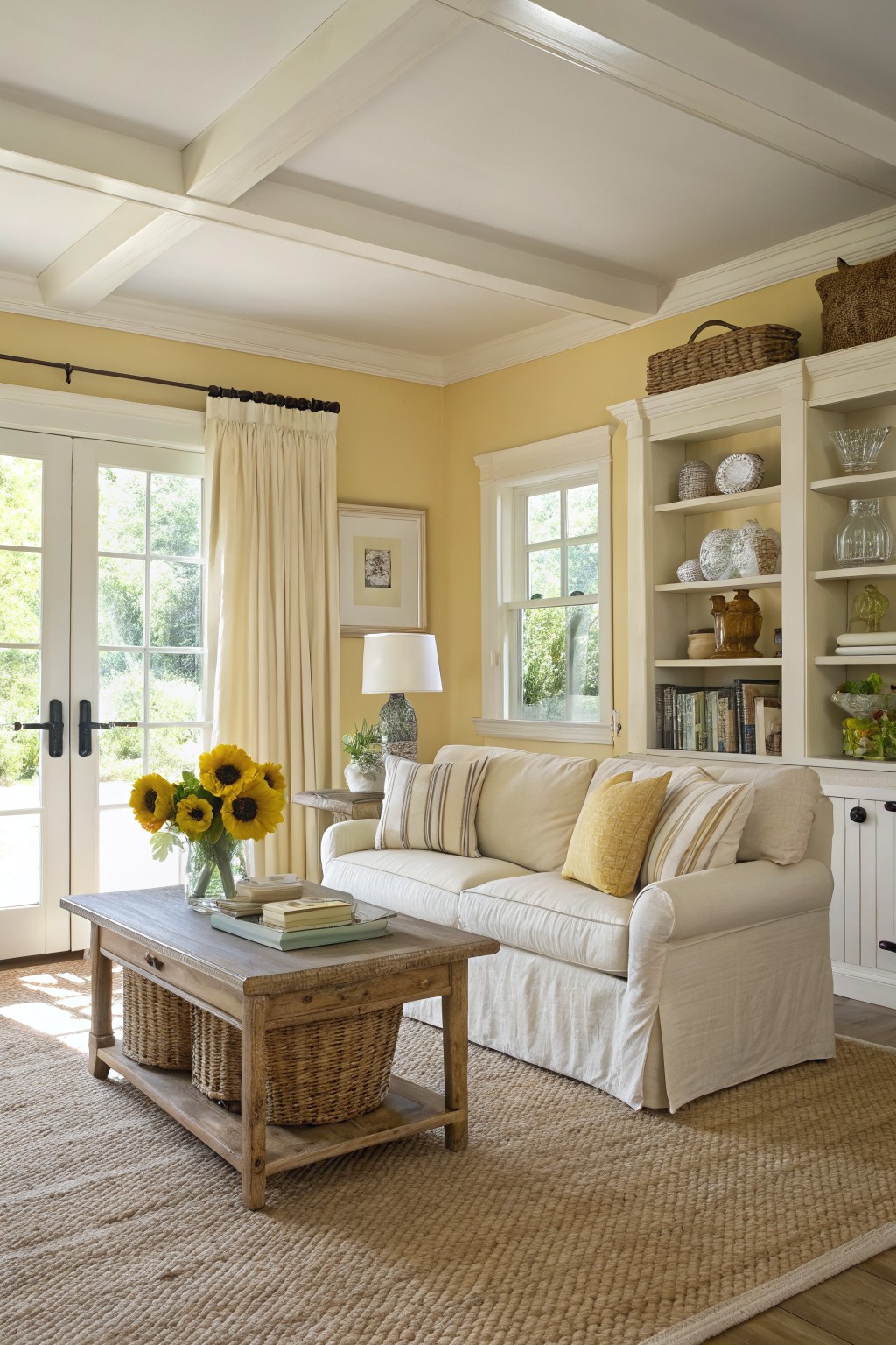 Rustic living room with pale yellow walls, white slipcovered sofa accented by yellow pillows, wooden coffee table holding sunflowers, and built-in shelves with ceramics