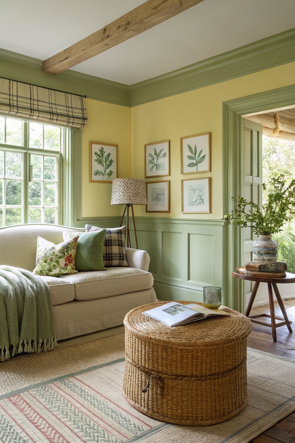 Rustic living room corner with sage green wainscoting and trim, pale yellow upper walls, wood beams, cream sofa, and potted plants