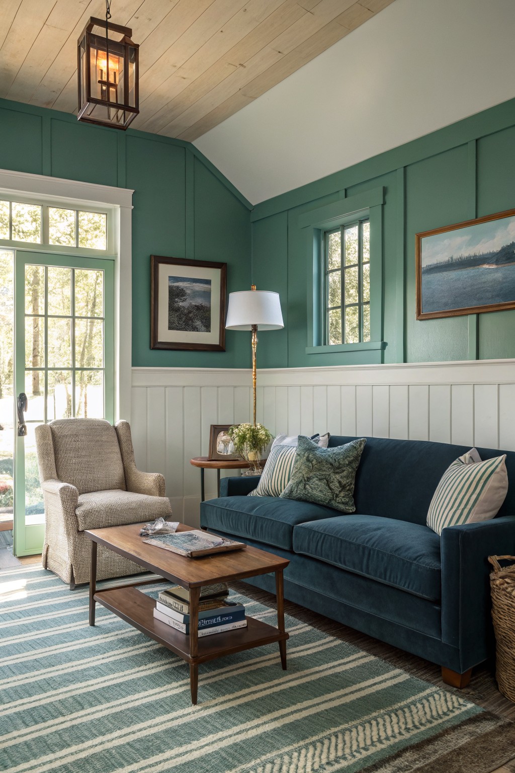 Cozy sunroom with sage green board-and-batten walls, navy velvet sofa, wood ceiling, and natural light from large windows