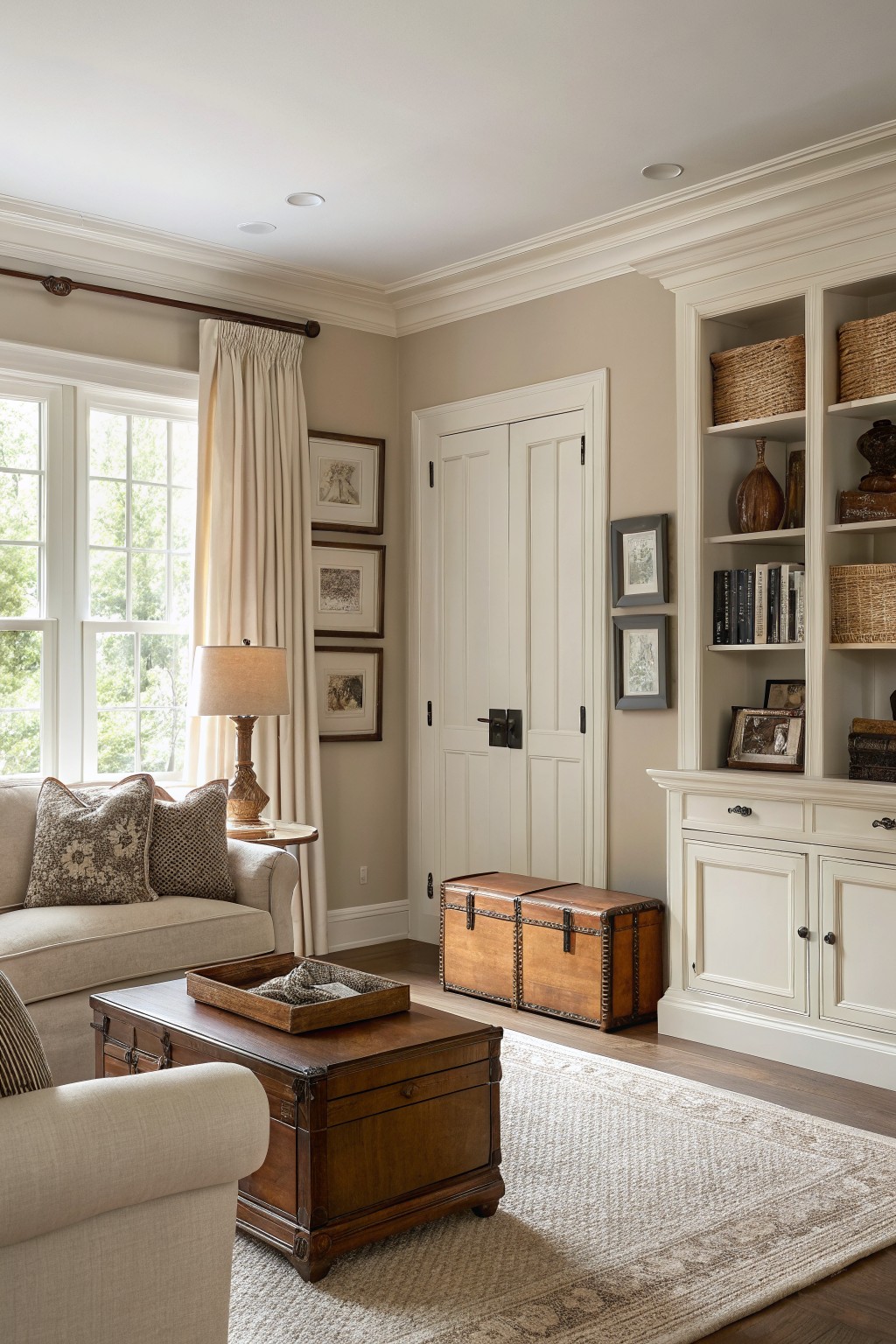 Living room with soft greige walls, wooden coffee table, white sofa, and built-in cabinets for a warm rustic feel