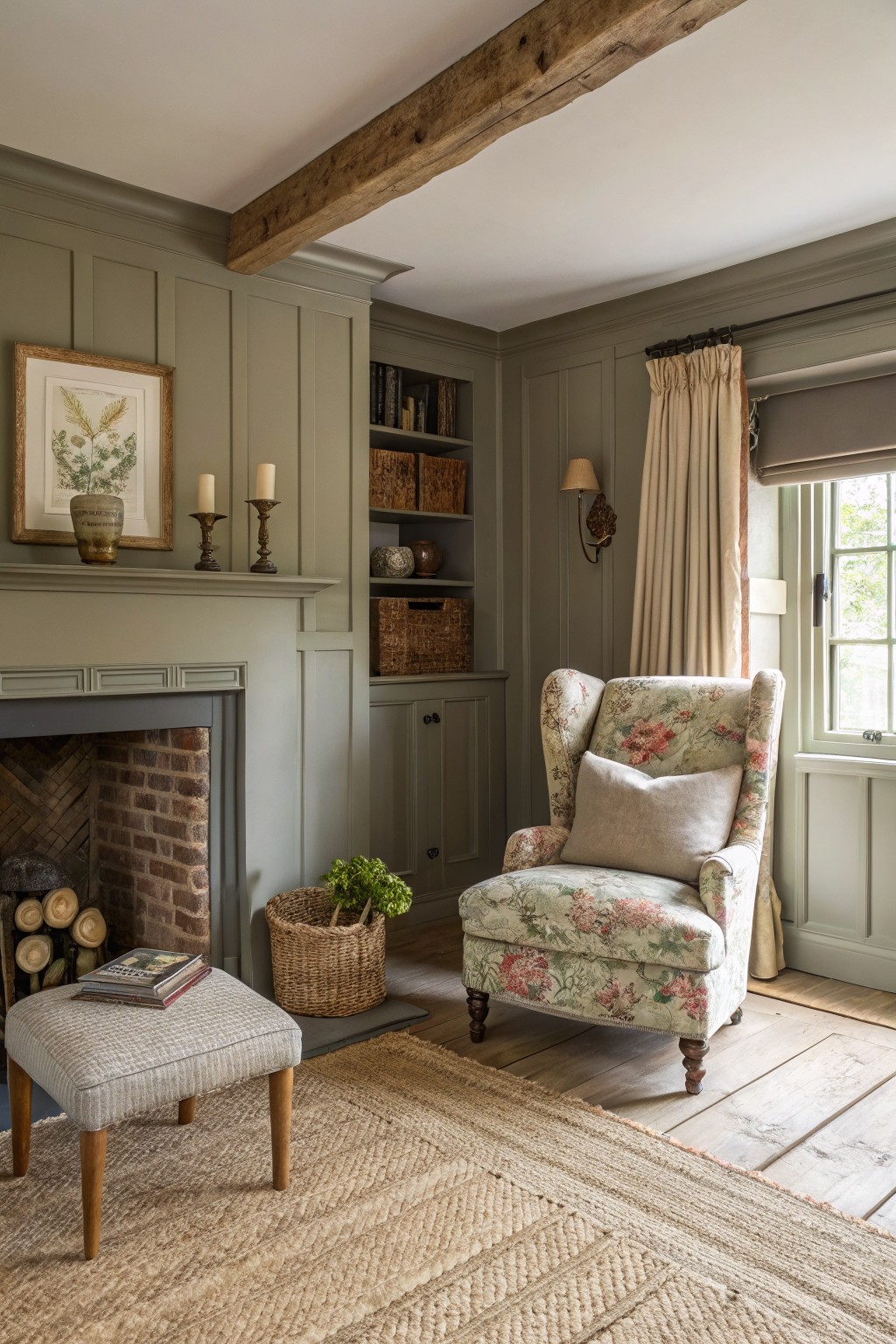 Rustic living room featuring soft sage green paneled walls, brick fireplace, floral wingback chair, wood beams, and natural textures