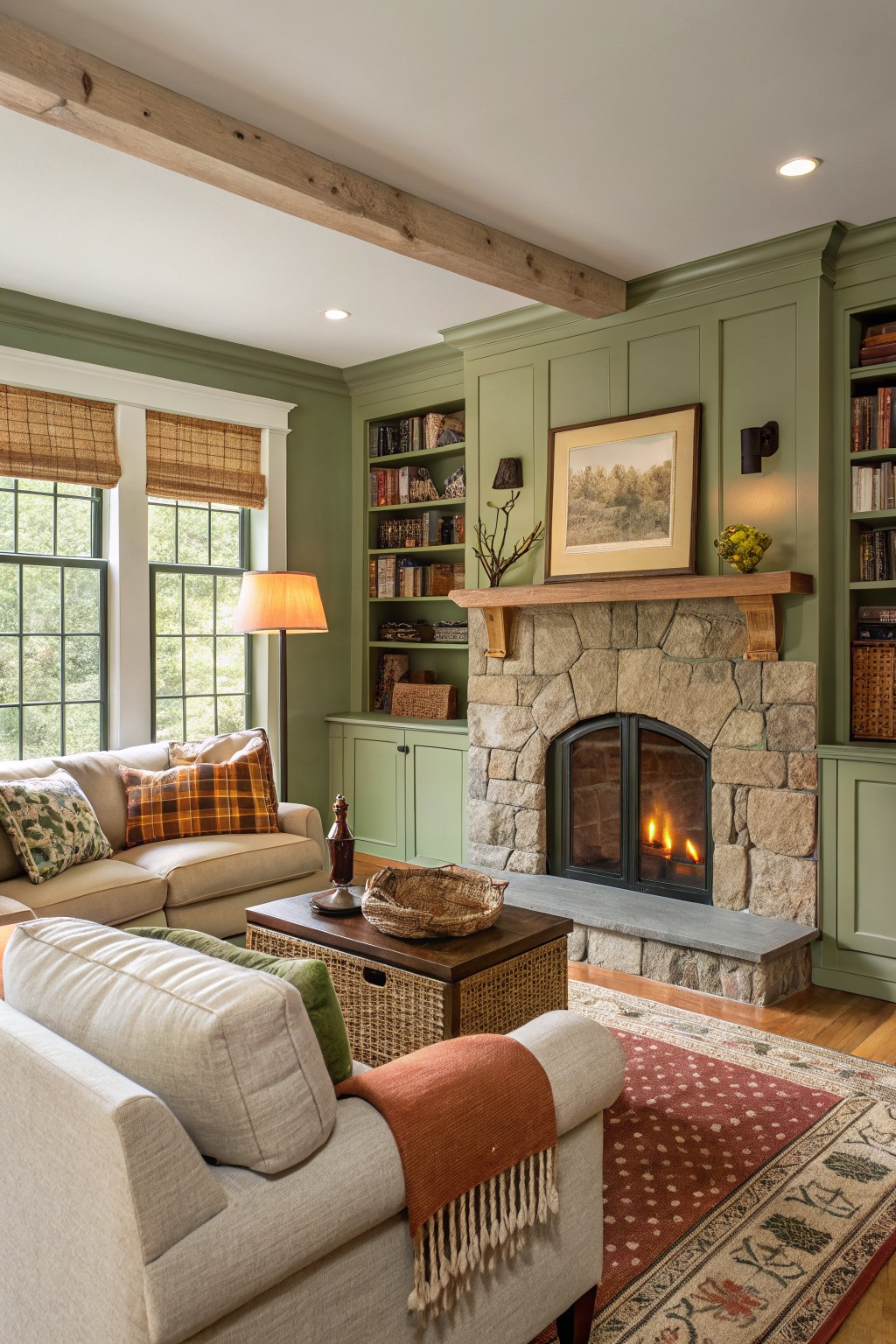 Cozy living room with soft sage green paneled walls and cabinets surrounding a stone fireplace, neutral sofa, and wood accents