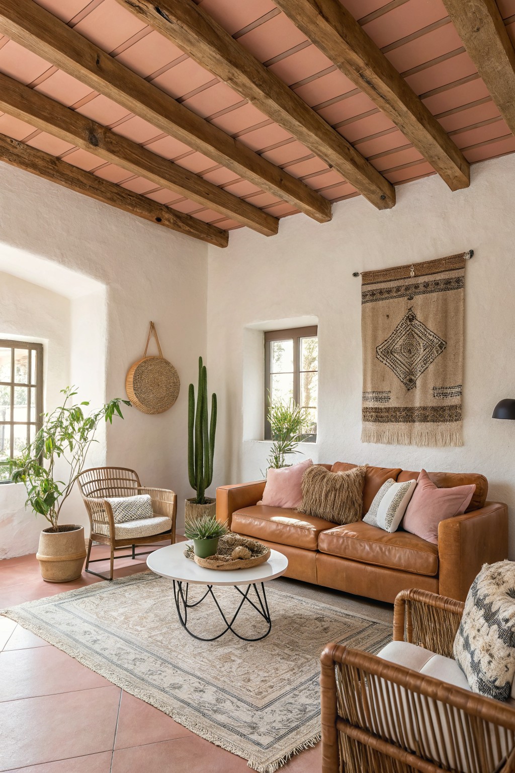 Rustic living room with soft warm white plaster walls, pink terracotta ceiling with wood beams, terracotta tile floor, brown leather sofa, wicker chairs, and boho textiles