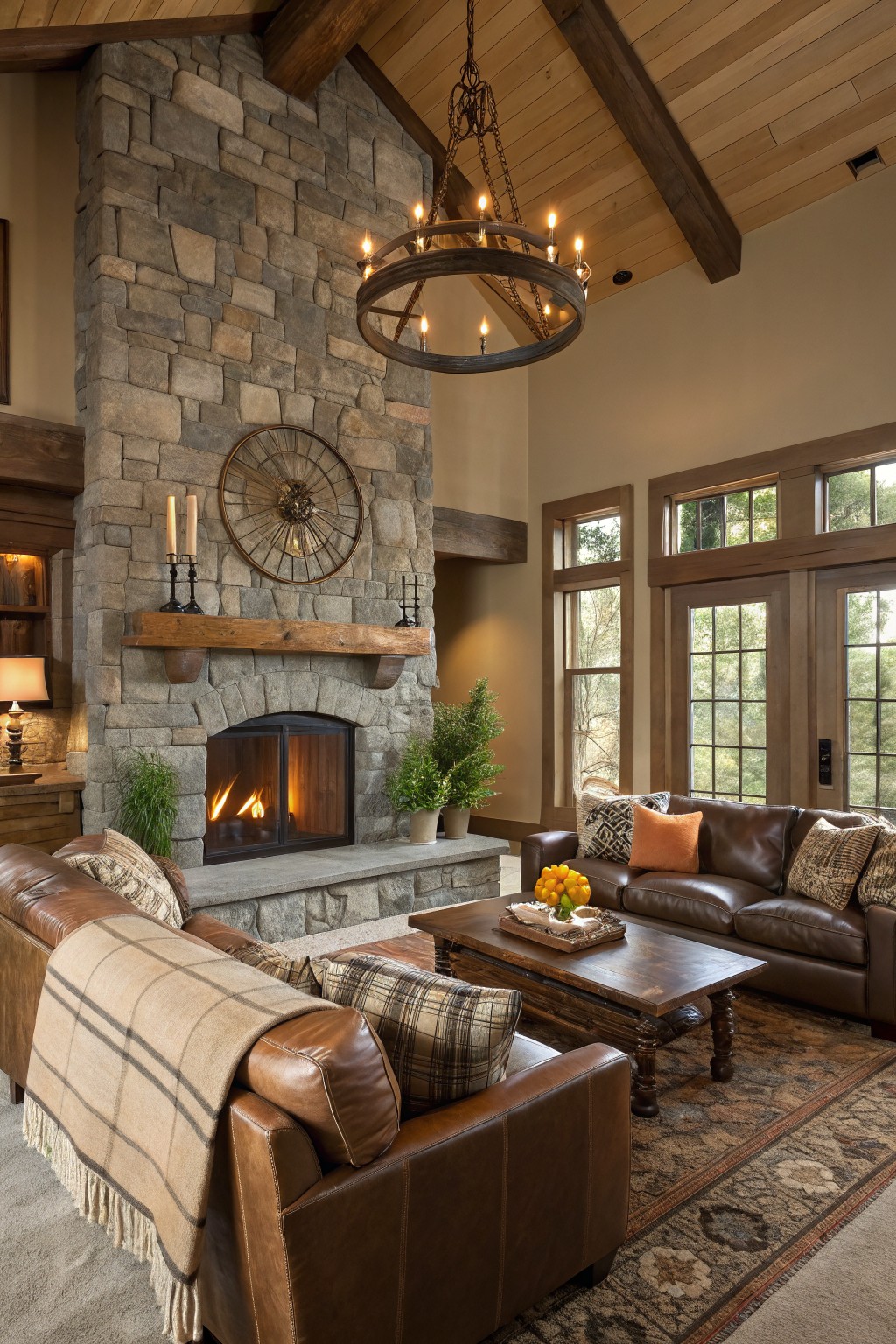 Cozy rustic living room featuring warm beige walls beside a stone fireplace, leather sofas, and wooden accents