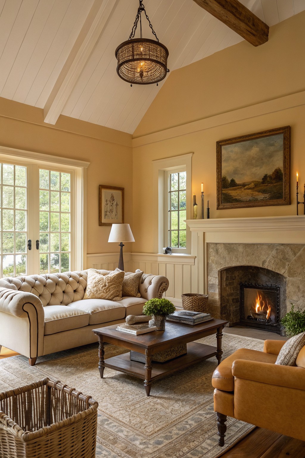 Cozy living room with warm beige walls, white beamed ceiling, tufted cream sofa, leather chair, stone fireplace, and soft rug