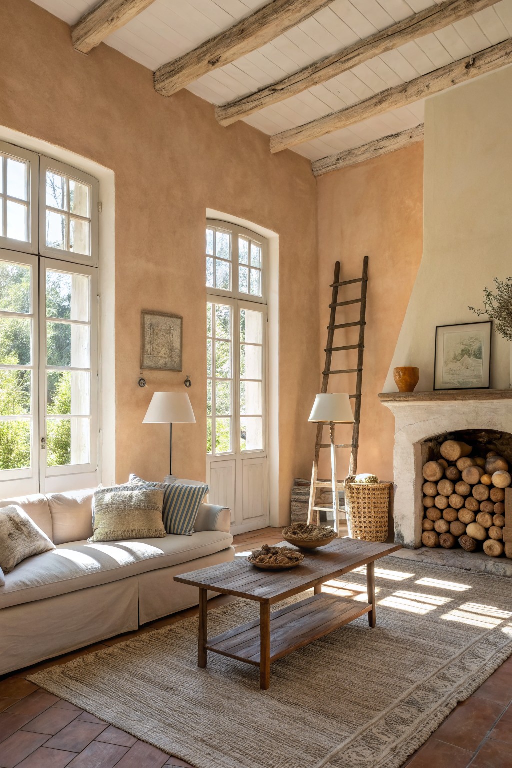 Rustic living room featuring warm ochre beige plaster walls, whitewashed wood beams, tall windows with garden views, ladder by stone fireplace with log stack, linen sofa, wooden table, jute rug on terracotta tiles