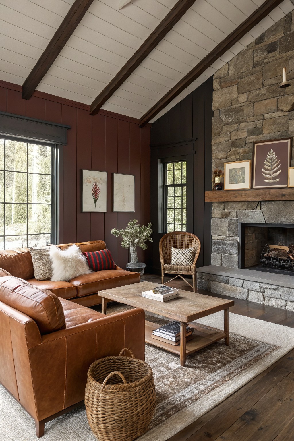 Rustic living room featuring deep warm rust red plank walls beside a stone fireplace, tan leather sofa, wood beams, and neutral rug