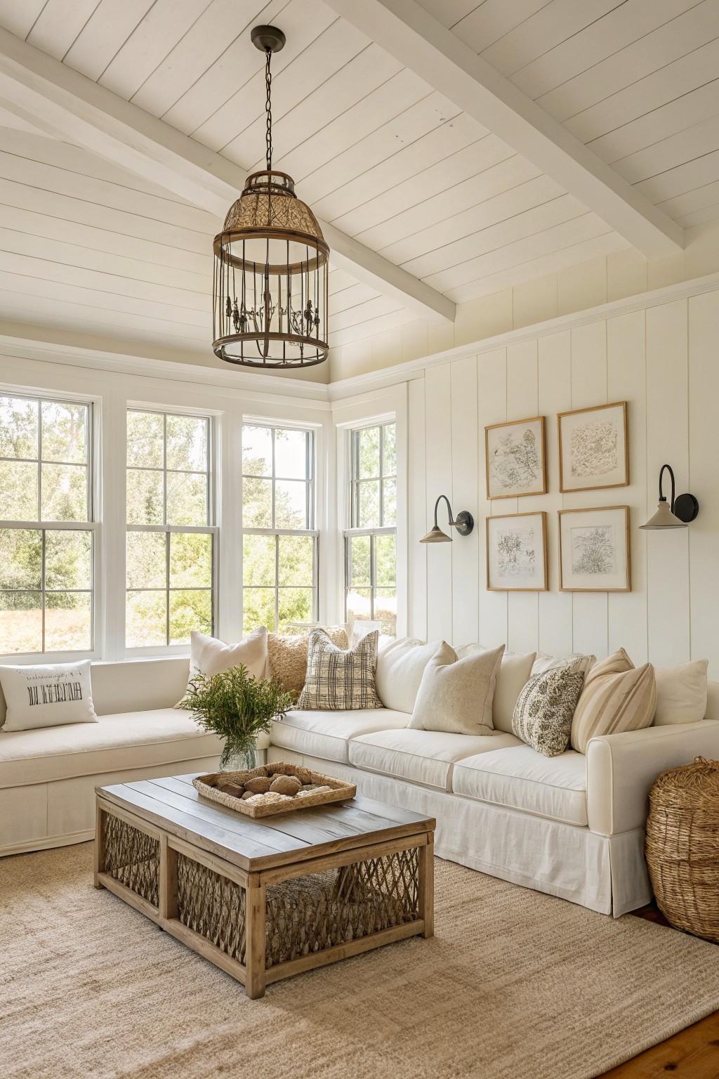 Sunlit sunroom with creamy white shiplap walls, plush white sofa, wooden coffee table with woven tray, rattan basket, and large windows overlooking trees