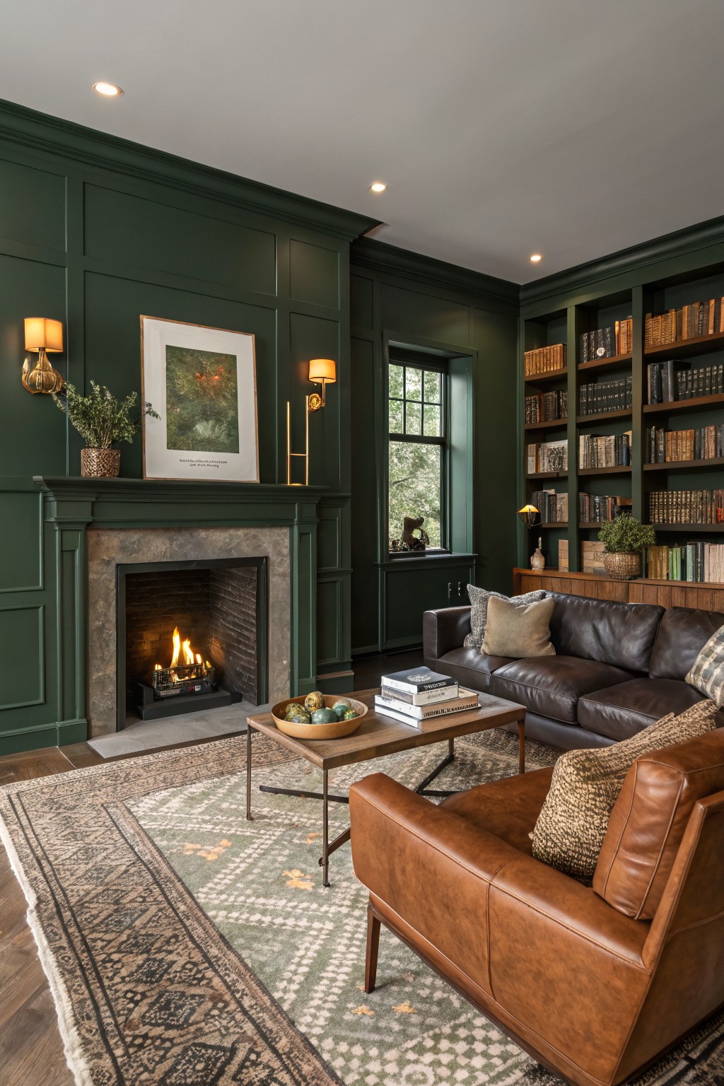 Cozy living room with deep green paneled walls, fireplace, brown leather sofa and chair, bookshelves, and woven rug