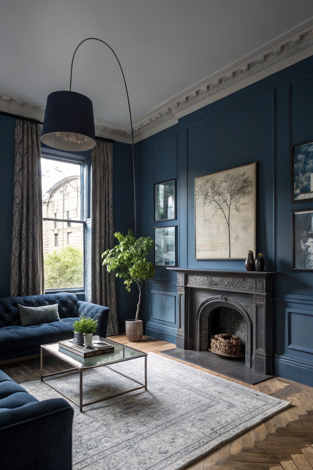 Living room with deep navy paneled walls, velvet sofa, glass coffee table, and arched black fireplace
