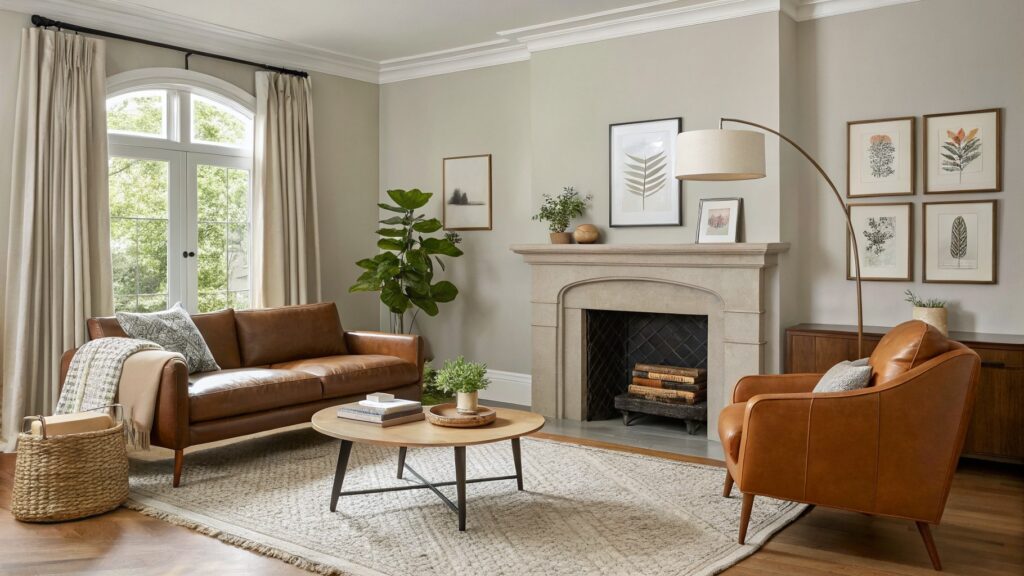 Cozy living room with soft greige walls, tan leather sofa, rattan chair, woven coffee table, fiddle leaf fig plant, and arched fireplace on hardwood floors