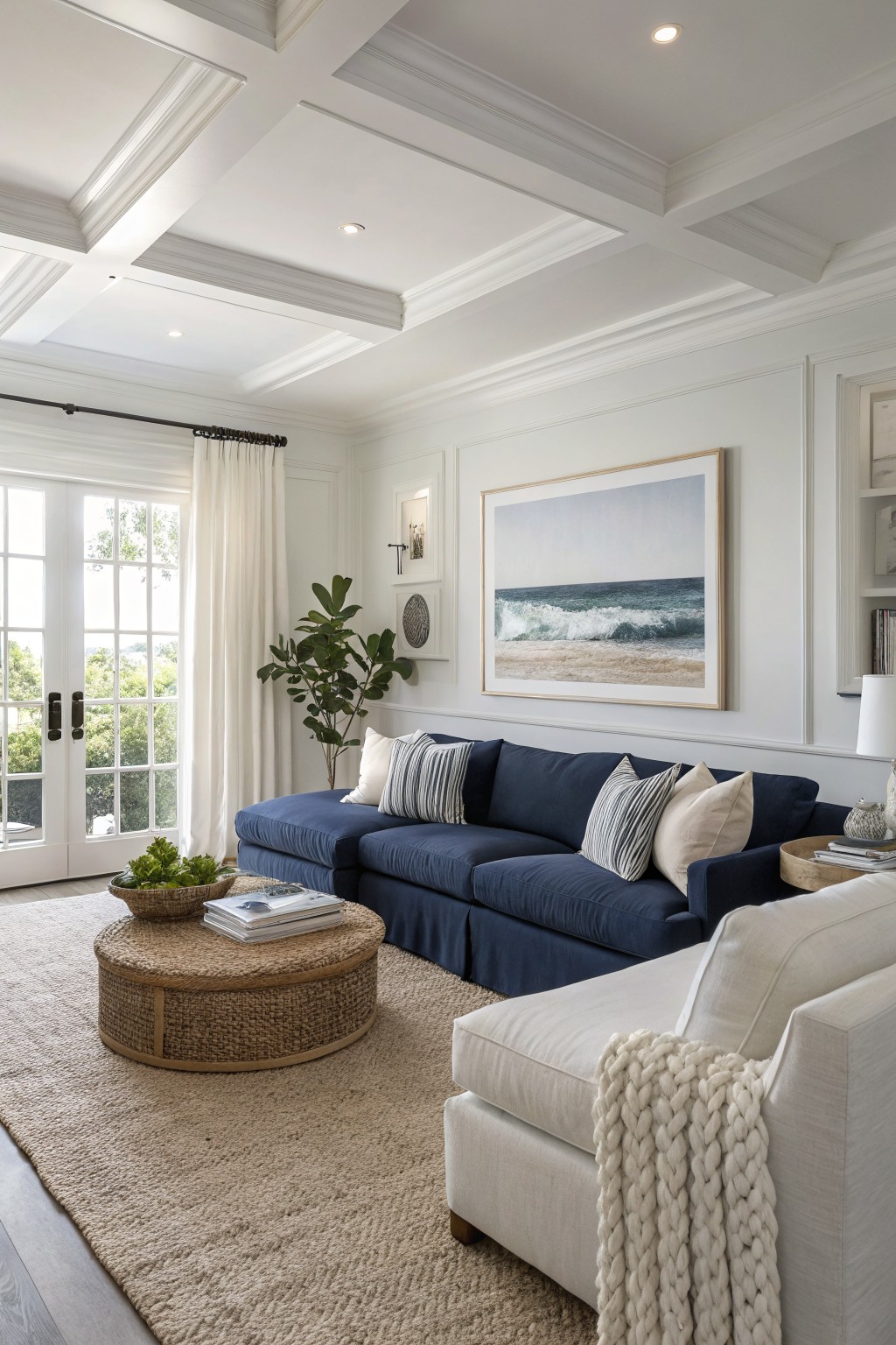 Living room with light gray walls, navy blue sofa, rattan coffee table, potted fiddle leaf fig, and large ocean artwork