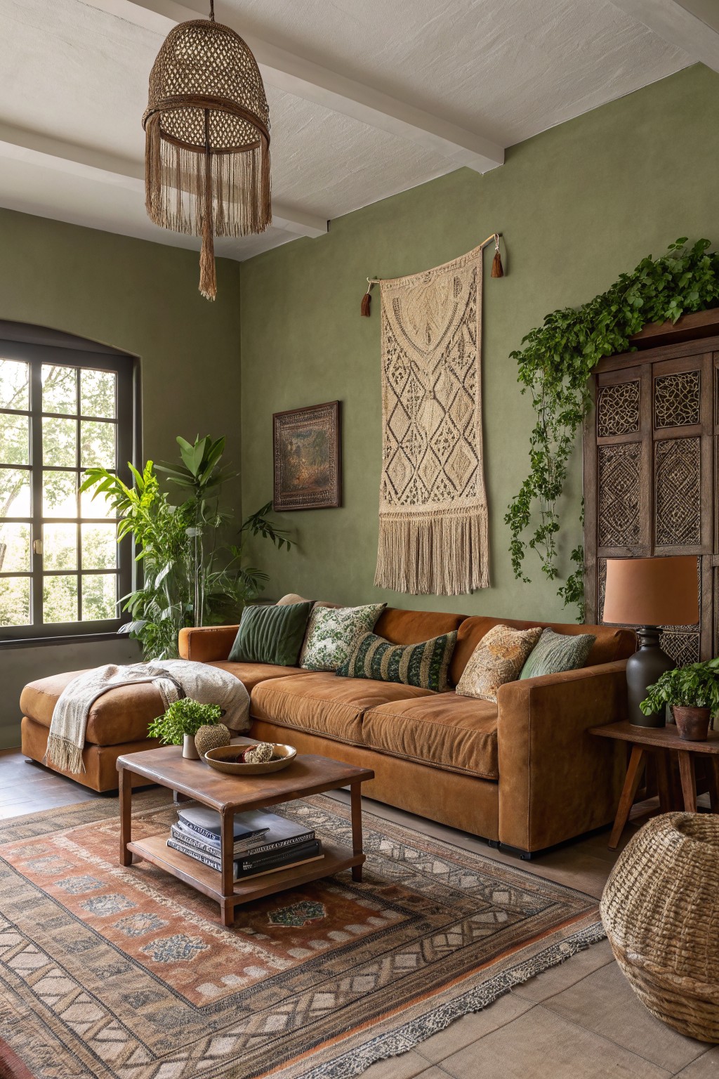 Living room with muted sage green walls, tan corduroy sectional sofa, wooden coffee table, potted plants, macrame tapestry, and layered boho rug.