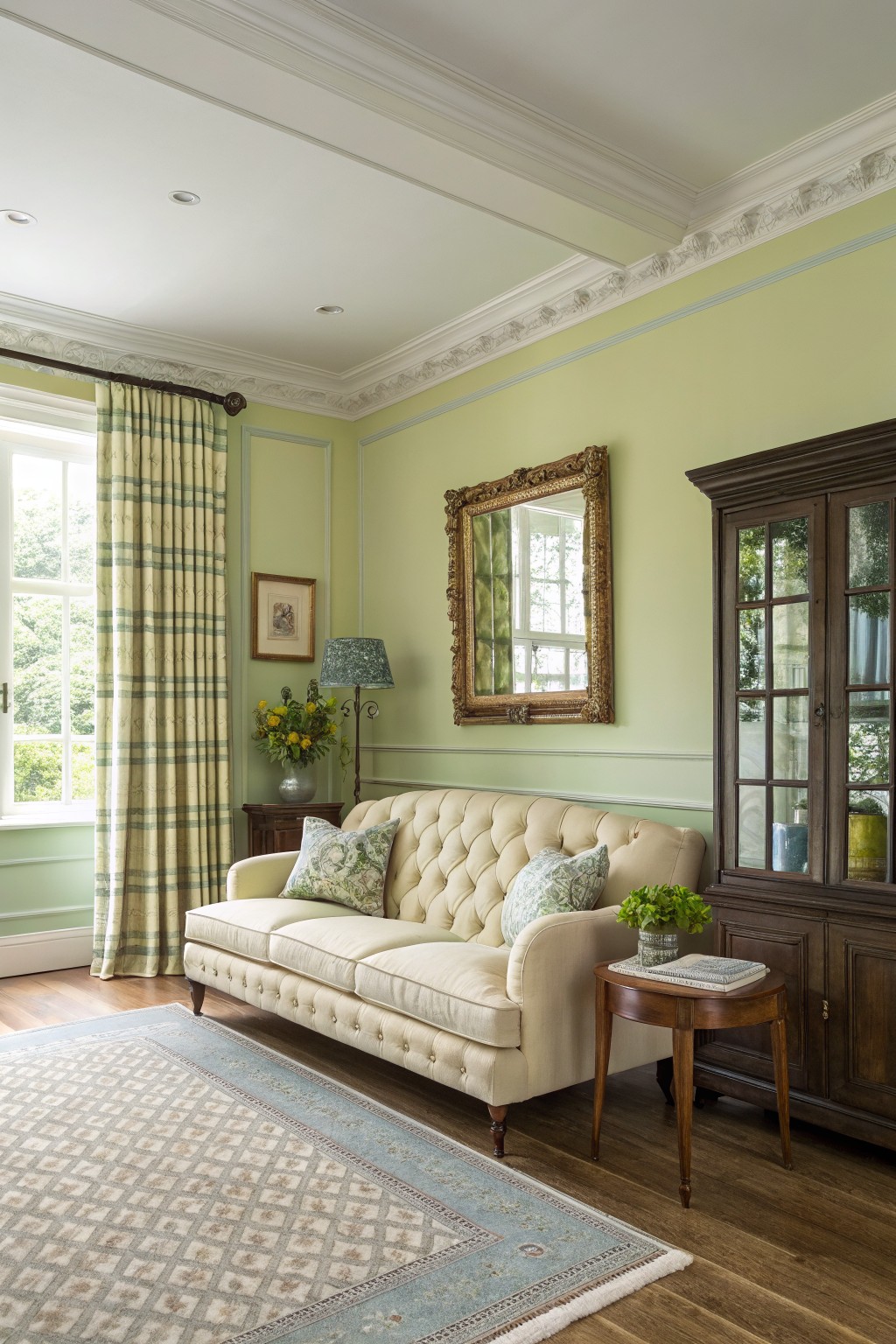 Living room with pale sage green walls, cream button-tufted sofa, wood side table and cabinet, and large window with striped curtains