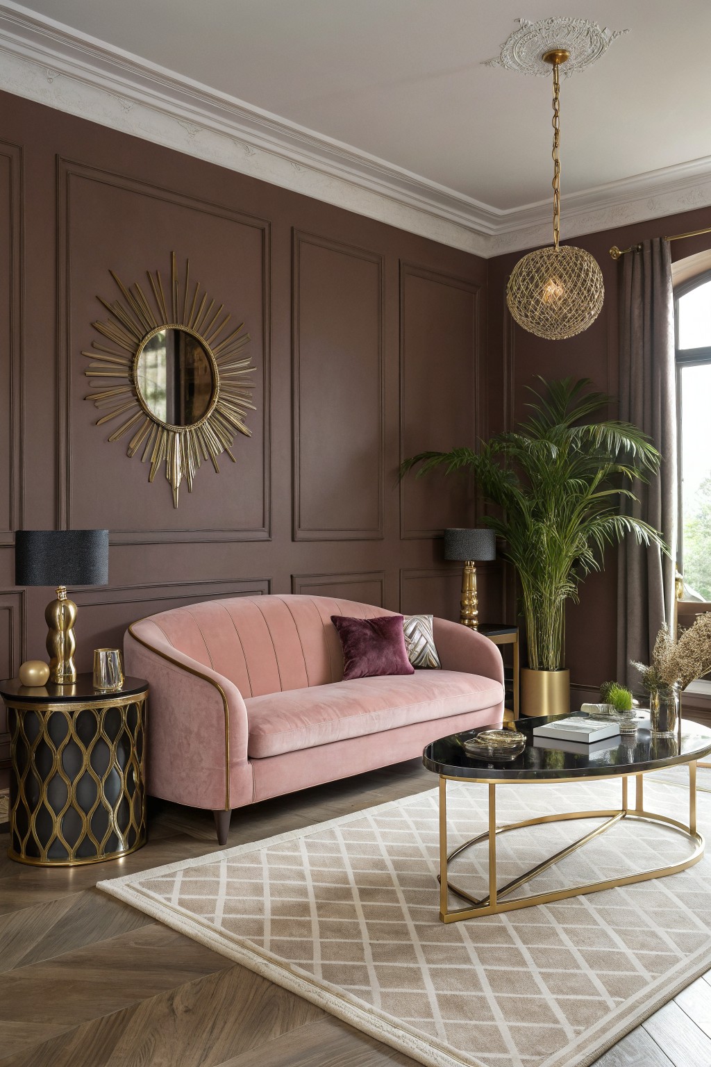 Living room with rich brown paneled walls, pink velvet sofa, gold side tables and chandelier, potted palm, and black marble coffee table