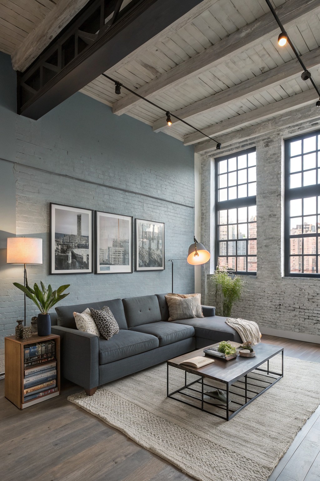 Living room with soft blue-gray painted walls, exposed brick accents, large industrial windows, gray L-shaped sofa, wood floors, and track lighting in a loft-style space