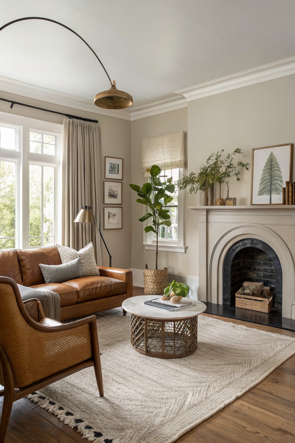 Cozy living room with soft greige walls, tan leather sofa, rattan chair, woven coffee table, fiddle leaf fig plant, and arched fireplace on hardwood floors