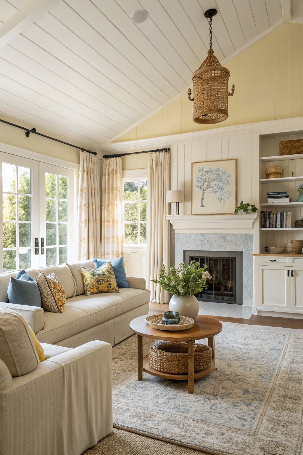 Living room with soft pale yellow walls, white shiplap ceiling, beige sofa, rattan accents, and marble fireplace surrounded by bookshelves