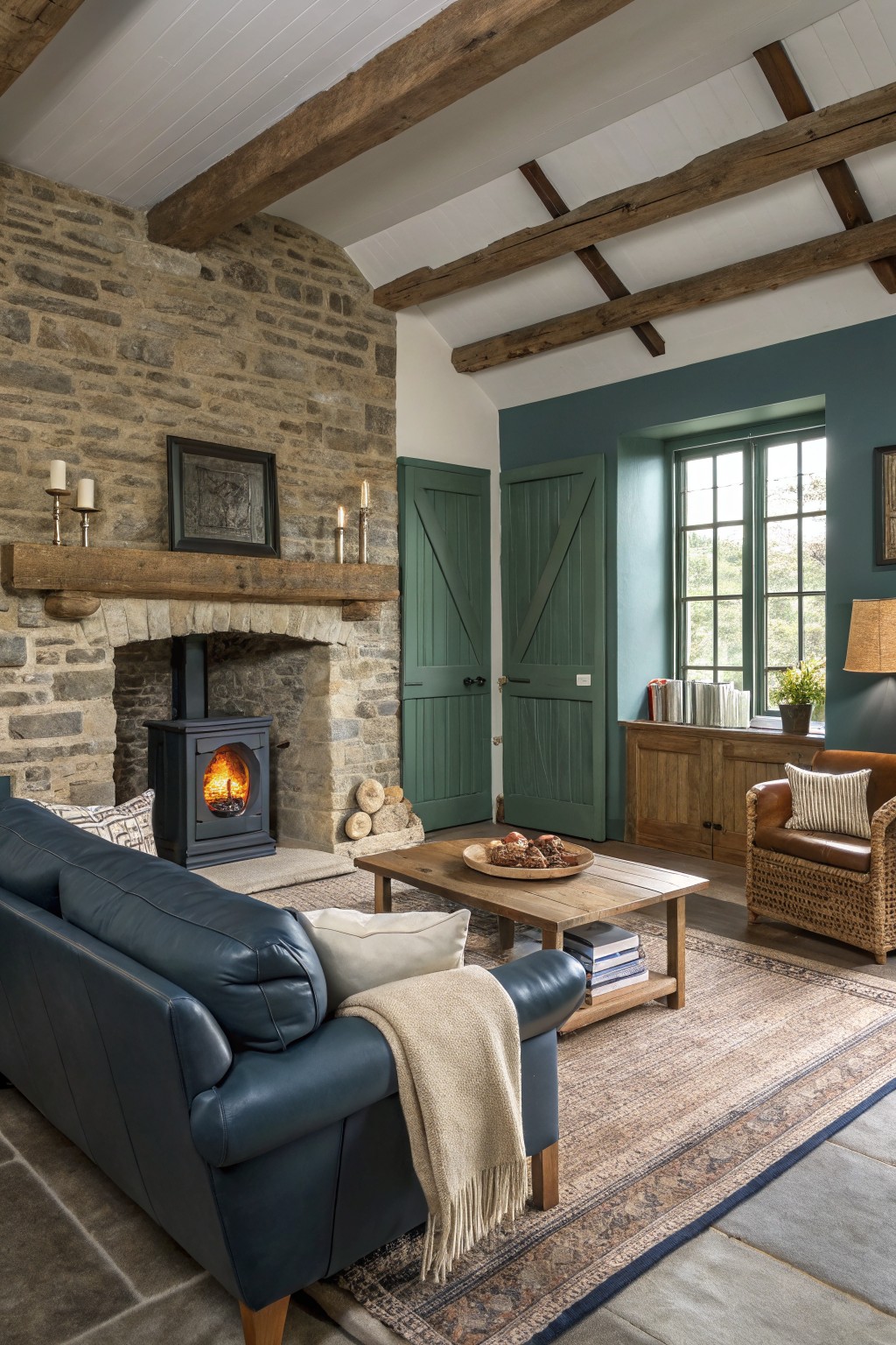 Cozy living room featuring soft teal walls around a stone fireplace with wood stove, navy leather sofa, and wooden beams