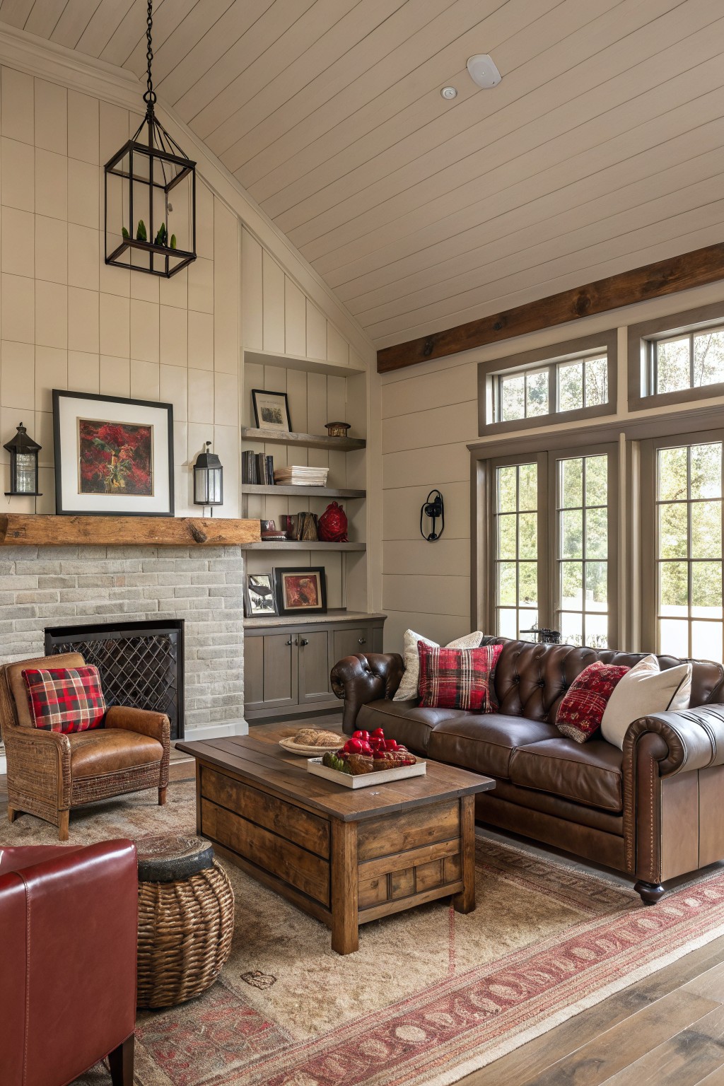 Living room with warm beige plank walls, leather plaid sofa, wood coffee table, brick fireplace, and large windows