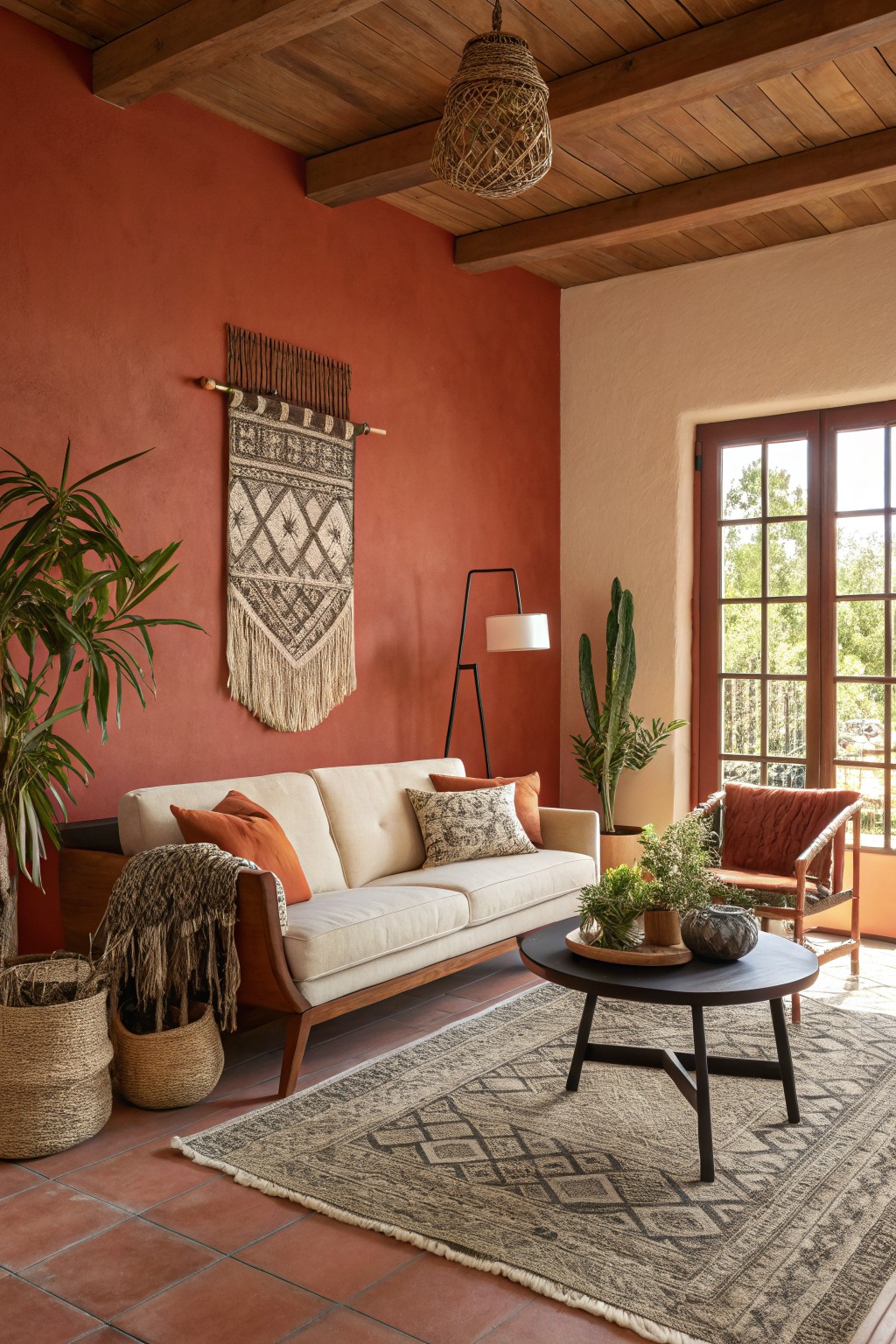 Living room featuring warm terracotta walls with wooden beams, a beige sofa, plants, and terracotta tile floors