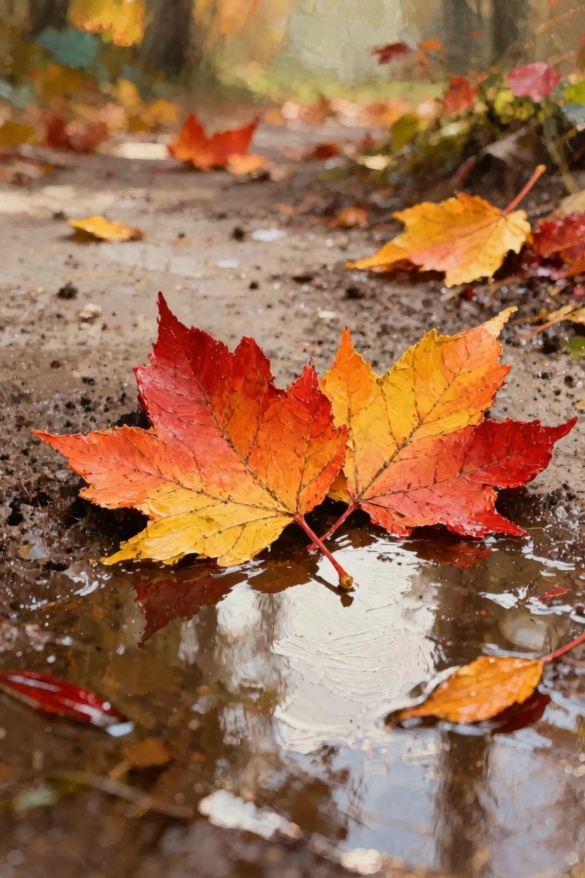 Two maple leaves in red and yellow-orange lie on a muddy forest path beside a puddle reflecting them, with blurred autumn trees in the background.
