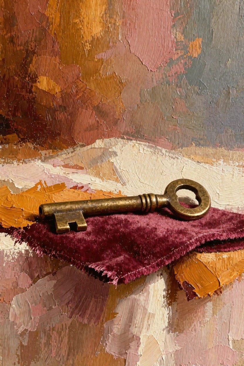 Ornate brass skeleton key resting on red velvet fabric against a colorful abstract oil painting background.