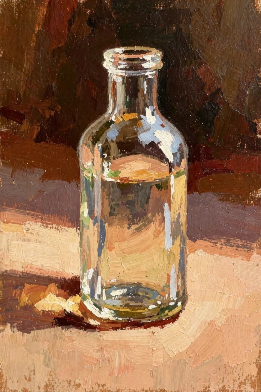 Oil painting of a clear glass bottle partially filled with water on a warm surface, with side lighting creating reflections, highlights, and shadows.