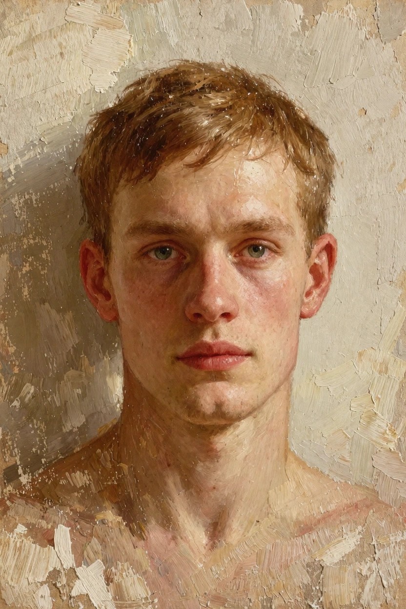 Oil portrait of a young freckled man with green eyes, auburn hair, and bare shoulders against a textured beige wall.
