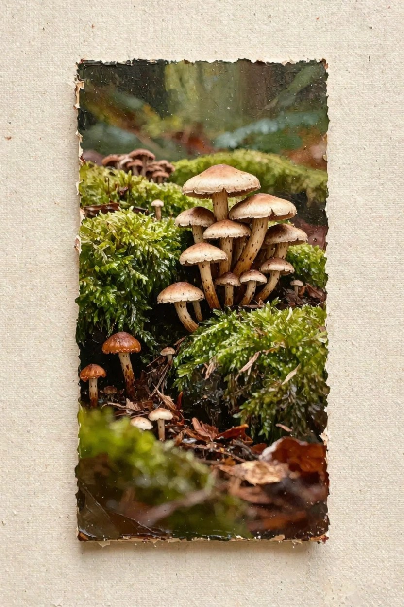 Close-up cluster of brown mushrooms with spotted stems growing from green moss on a forest floor with blurred green background and brown leaves.